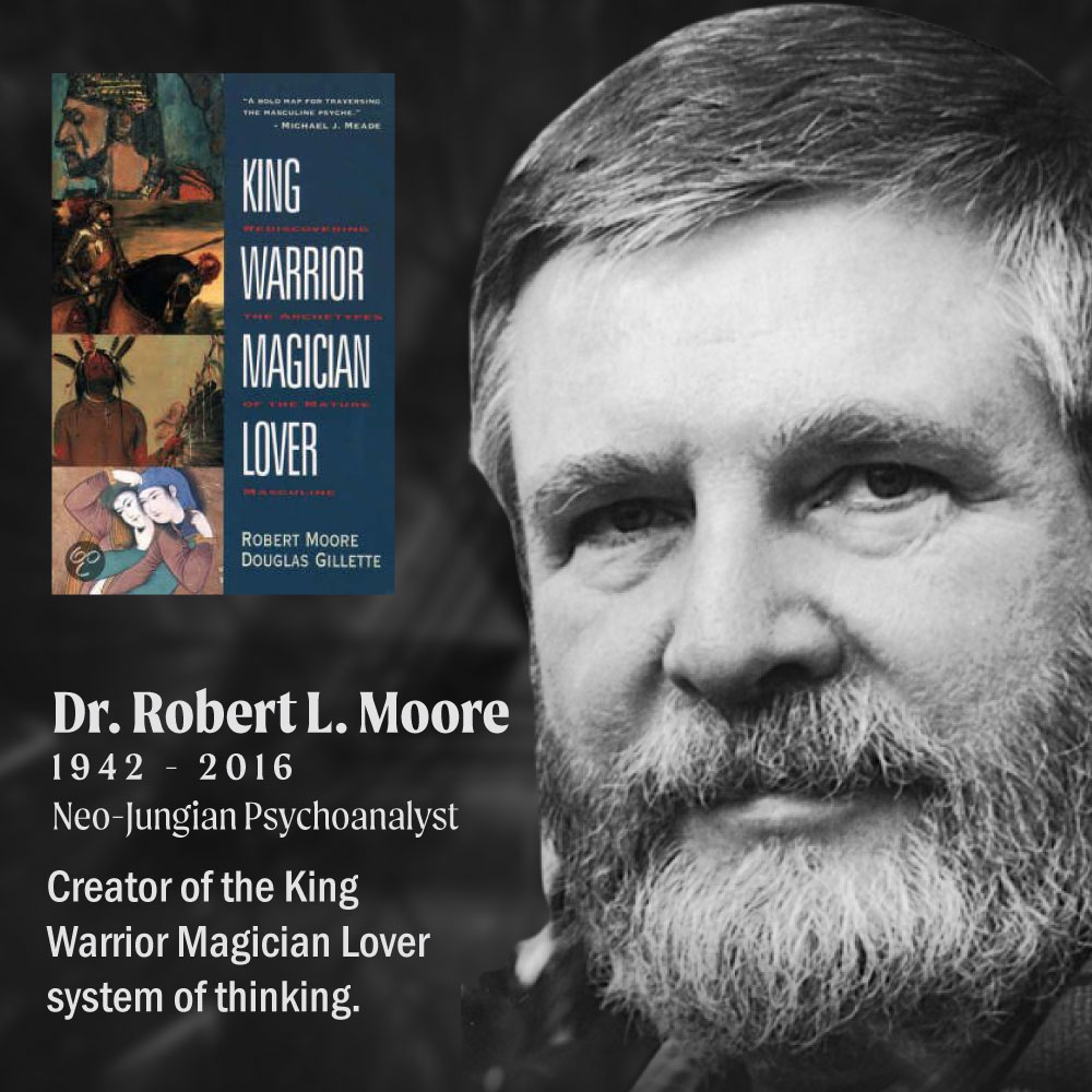An image of Dr. Robert Moore and his book King Warrior Magician Lover