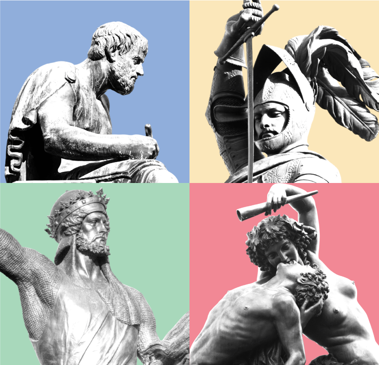 An image in four quadrants each displaying a statue to represent the king warrior magician lover archetypes